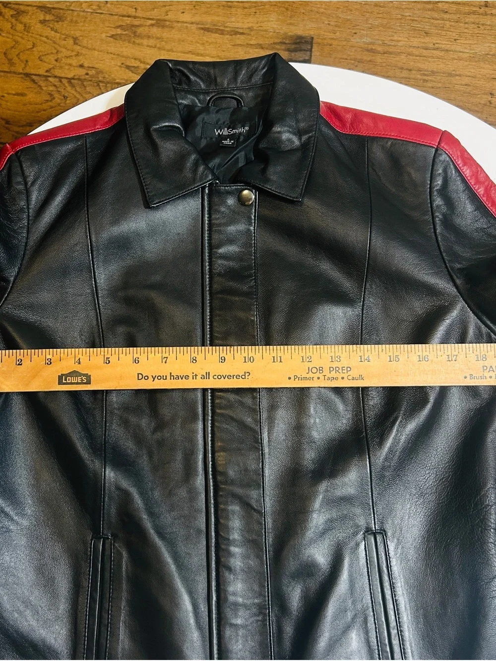 WilliSmith Black Leather Bomber Jacket with Red Trim - Picture 4 of 8
